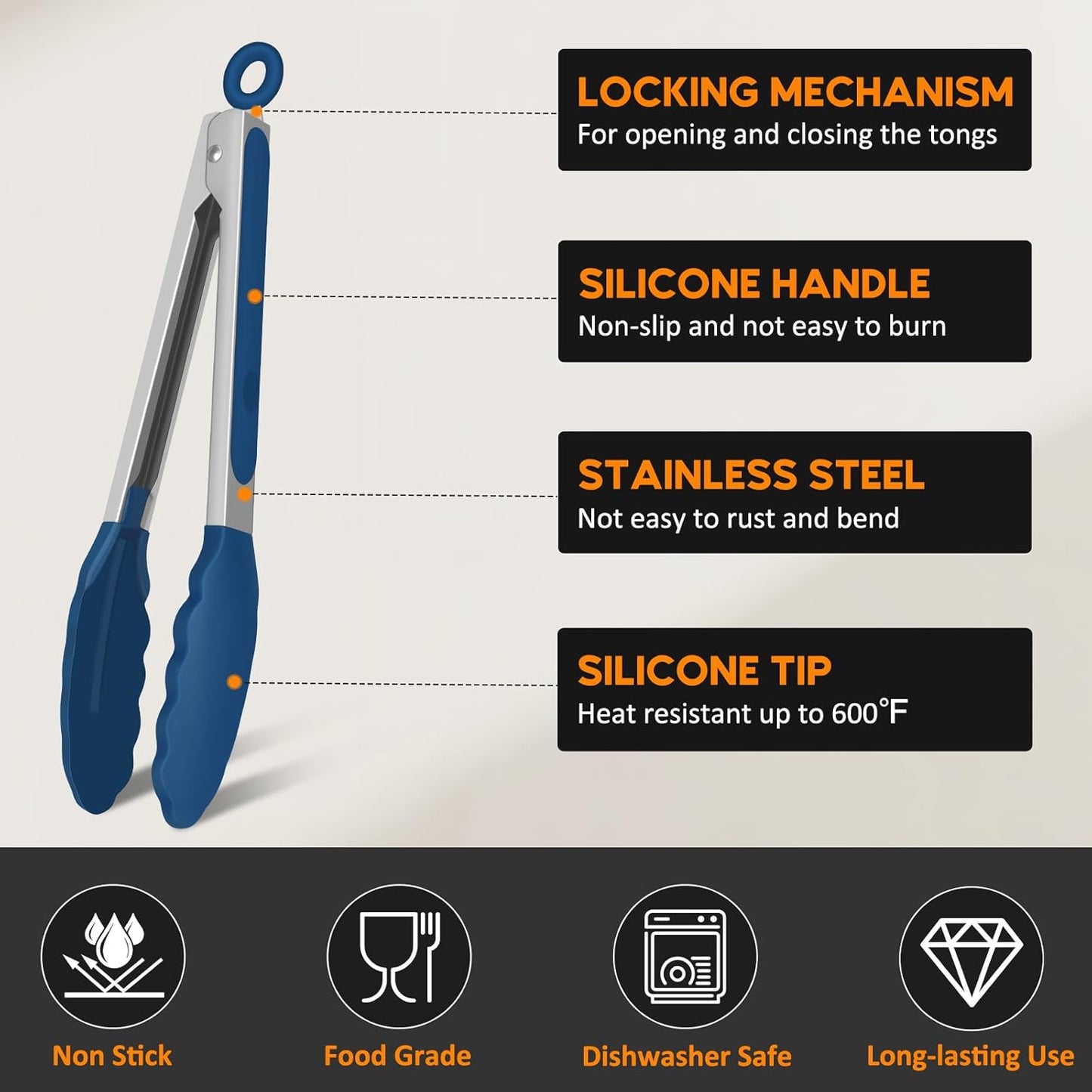 Kitchen Tongs, Set of 3 Stainless Steel Tongs with Silicone Tips Locking Cooking Tongs 600ºF Heat Resistant Tong for Cooking BBQ Grilling Air Fryer Serving Food Salads, 7"+9"+12" Classic Blue