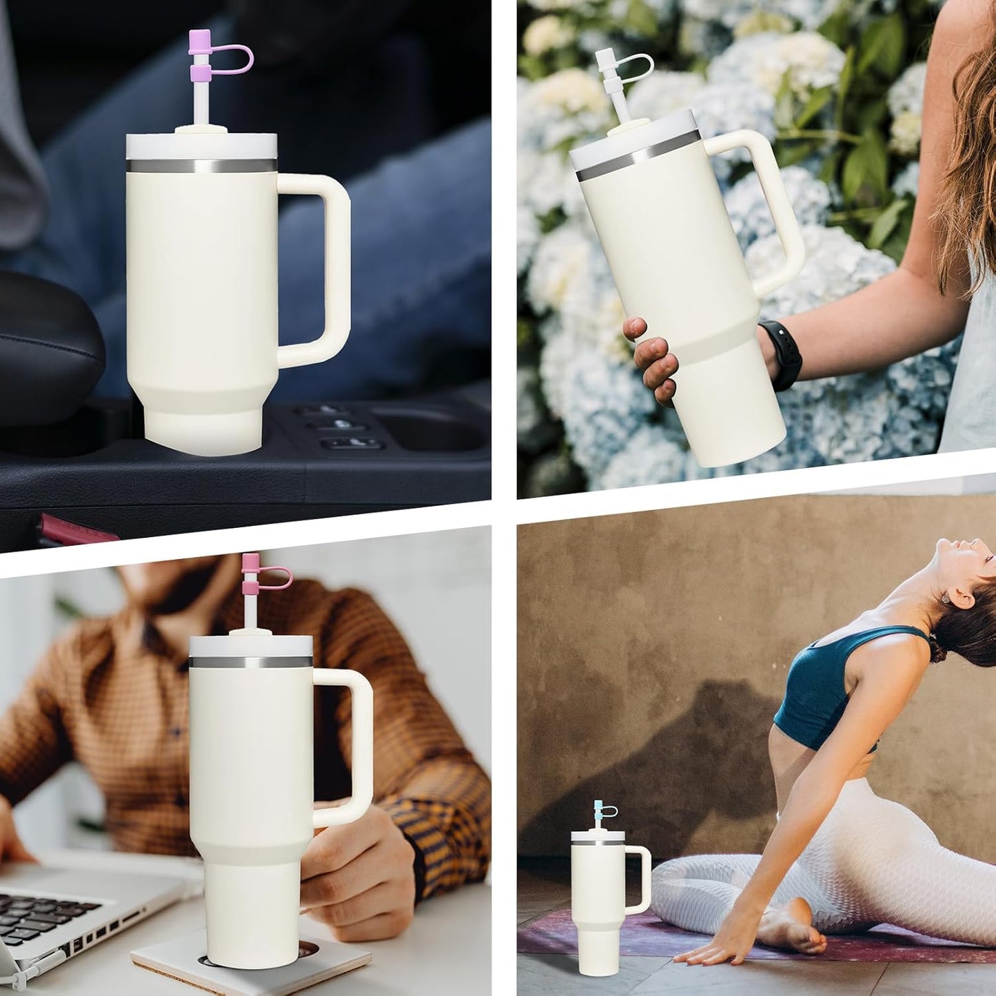 Straw Toppers for Stanley, Straw Cover Caps for 10mm/0.39inch diameter straws 30OZ/40OZ Stanley Tumblers, Food Grade Silicone. (5pcs-Basics-Green)