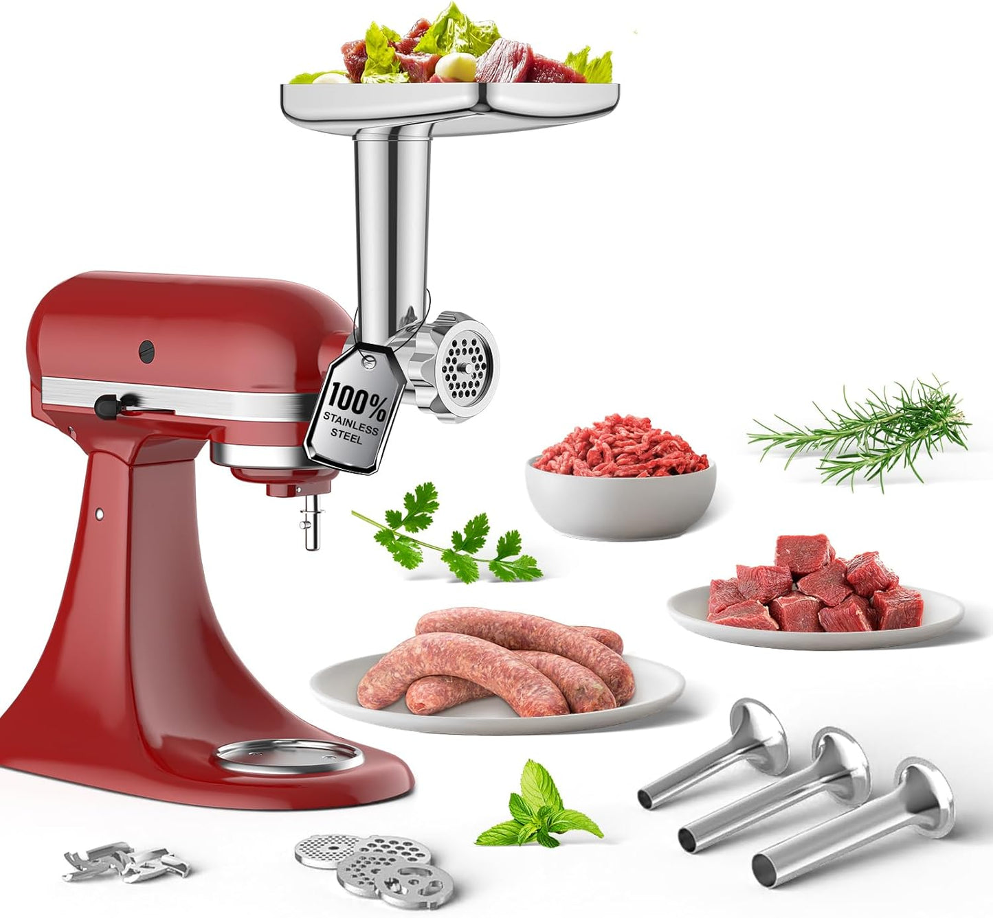Stainless Steel Meat Grinder Attachment for KitchenAid Stand Mixer, Food Grinder attachment with 4 Grinding Plates, 3 Sausage Stuffer Tubes, 2 Grinding Blades, Mixers Accessories for Kitchen Aid