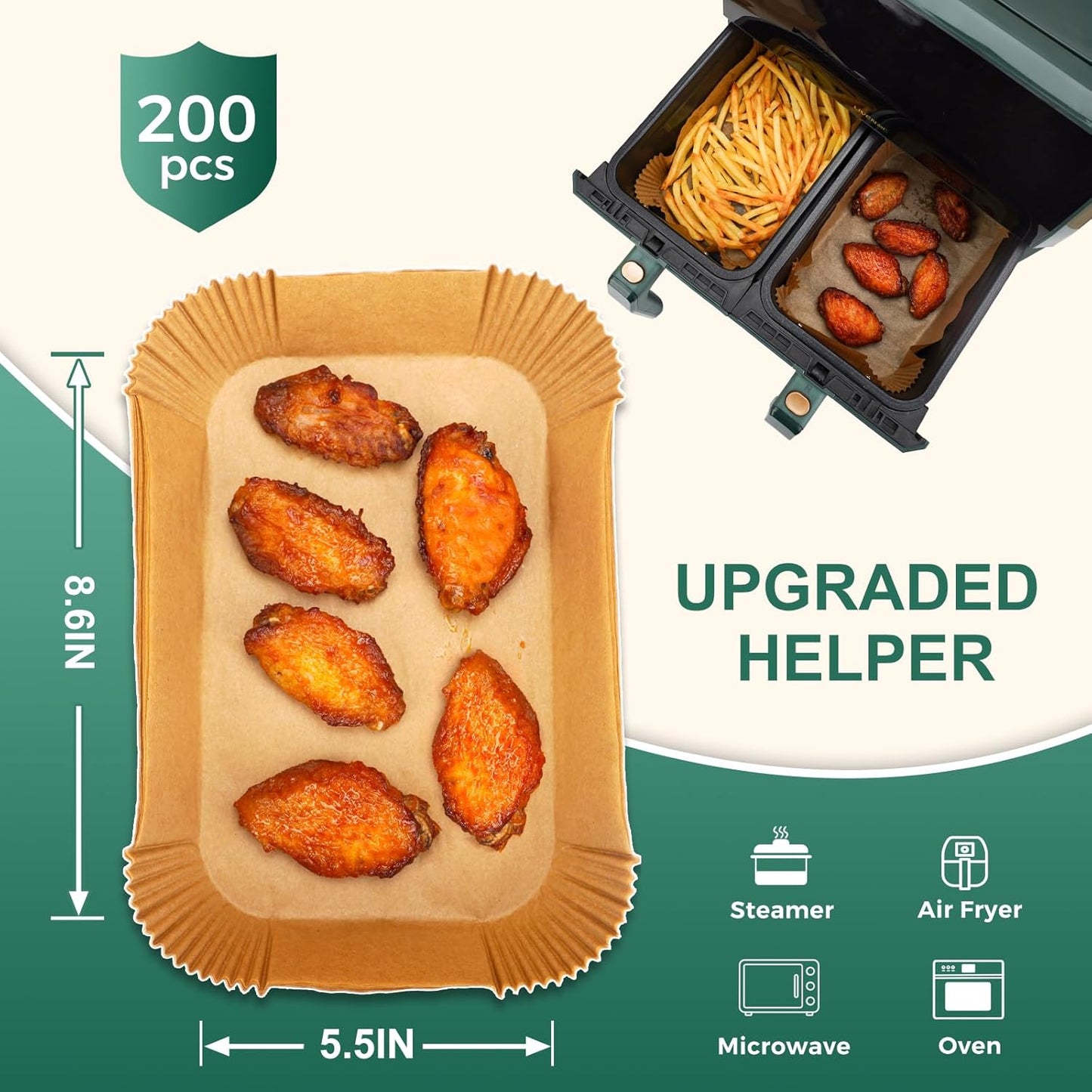 Air Fryer Liners Disposable for Dual Basket, 200Pcs Rectangle Parchment Paper Liner for Ninja DZ201 DZ401, Chefman/COSORI 2-Basket Air Fryer, Oil Proof Baking Paper by Vailnd(8.6x5.5 Inch)