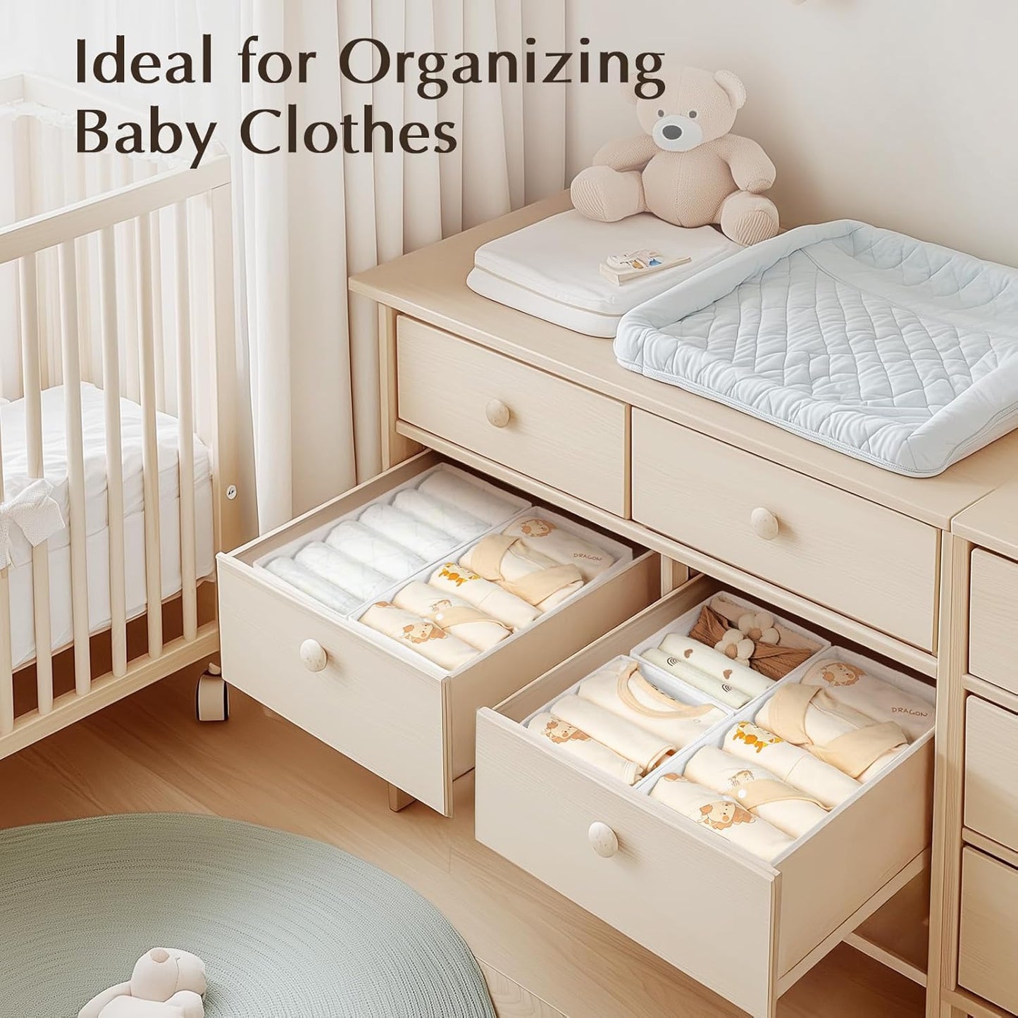 DIMJ Drawer Organizers Clothes, Set of 12 Dresser Organizer Bins, Fabric Closet Organizers and Storage, Shallow Drawer Dividers for Nursery, Clothing, Baby Clothes, Socks, Underwears, Tie (White)