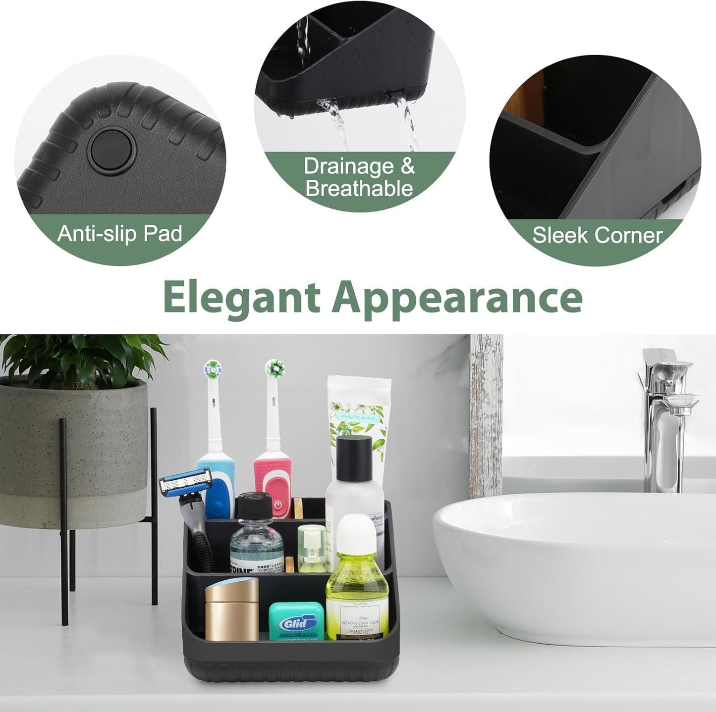 Chintu Toothbrush Holders Bathroom Countertop Organizer-Electric Tooth Brushing Holder 6 Slots Toothbrush Caddy for Counter Organization Kids Family Toothpaste Holder for Vanity Storage Black