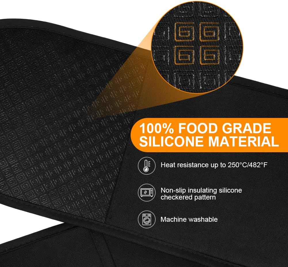 AUAUY Black Double Oven Mitts, 250°C/482°F Heat Resistant BBQ Mittens with Ropes, Silicone Non-Slip Design Kitchen Mittens, Cooking Glove Top Kitchen Gadgets for Cooking Baking Grilling