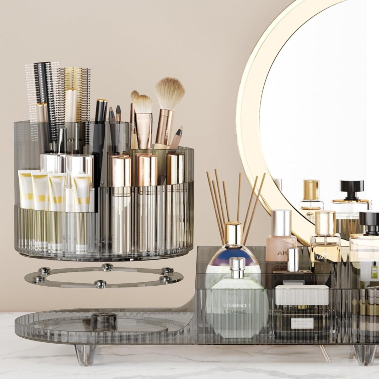 Rotating makeup organizer,Large Capacity Cosmetic Display Case, easy to hold all of your makeup products, at least 20 makeup brushes/eyeliner,10 lipsticks,8 skincare products(Crystal Black)