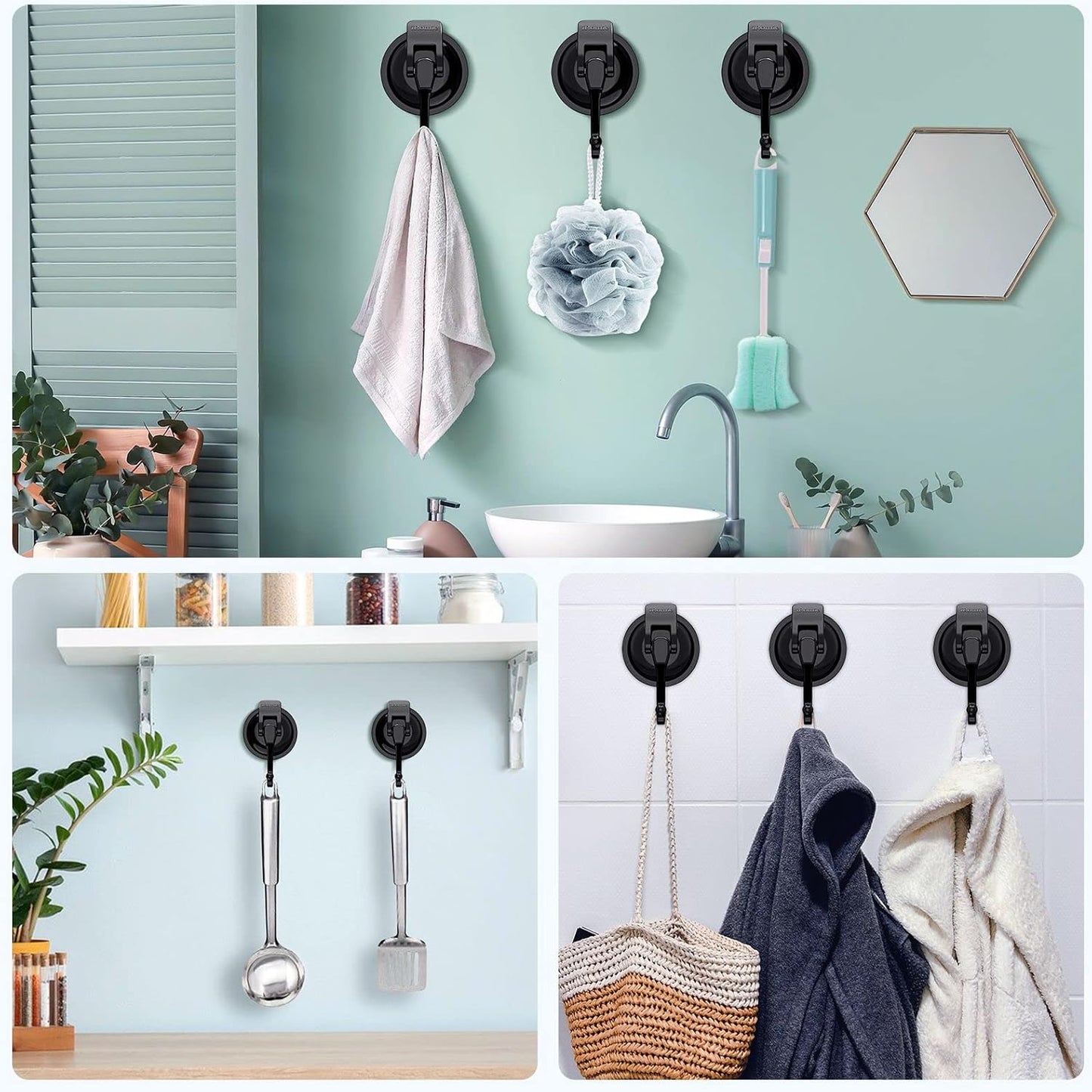 Heavy Duty Vacuum Suction Cup Hooks (2Pack) for Shower,Glass Window,Kitchen&Bathroom&Restroom Organization,Black.