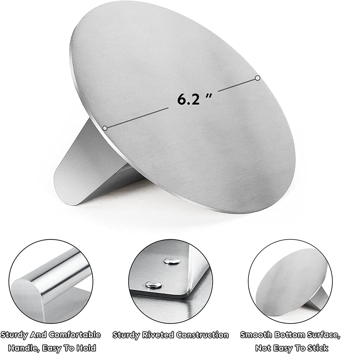 HULISEN Stainless Steel Burger Press, 6.2 inch Round Burger Smasher, Professional Griddle Accessories Kit, Grill Press Perfect for Flat Top Griddle Grill Cooking