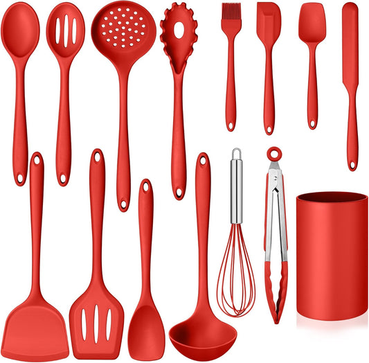 Kitchen Cooking Utensils Set with Holder, Homikit 15-Piece Silicone Spatula Set for Nonstick Cookware, 446°F Heat Resistant Spoon Turner Tong Whisk Brush for Cooking and Baking-Red