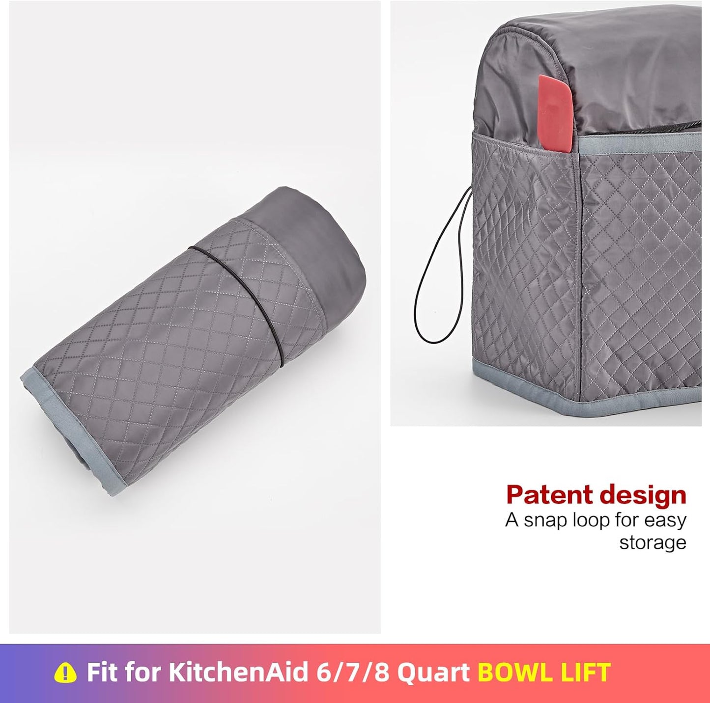 HOMEST Stand Mixer Quilted Dust Cover with Pockets Compatible with KitchenAid 6/7/8 Quart Bowl Lift, Grey (Patent Design)