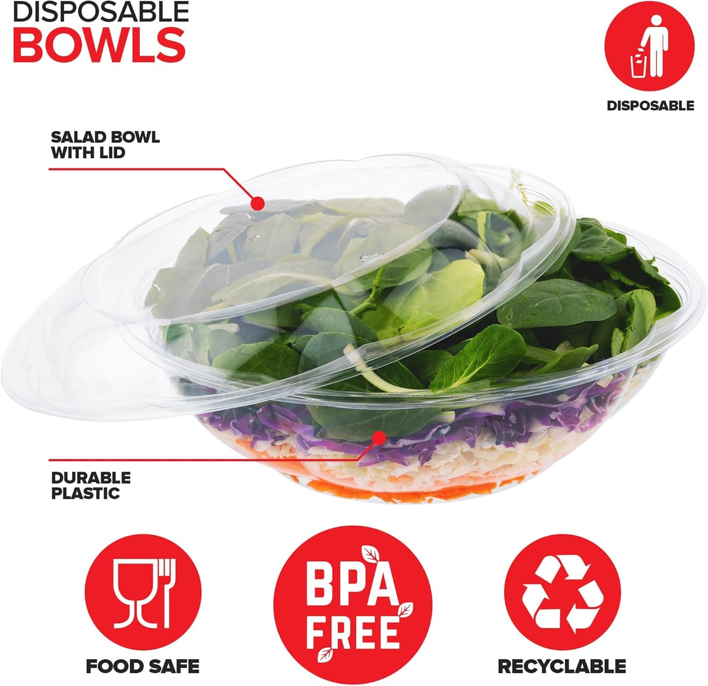 Stock Your Home 64oz Clear Plastic Salad Bowls with Lids Disposable (10 Pack) Extra Large Takeout Container with Snap on Lid for Fruit Salads, Lunch, Meal Prep, Acai Bowl, To-Go Party Containers
