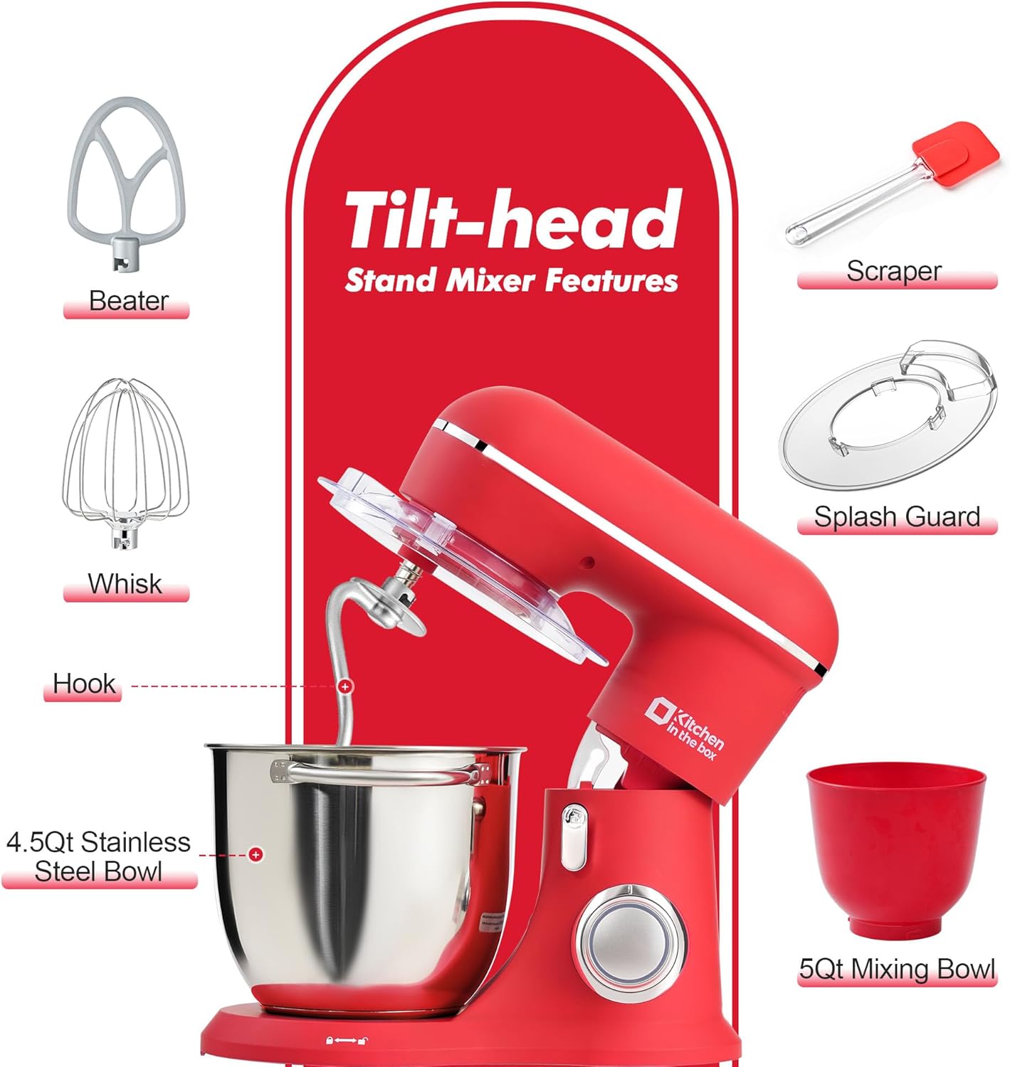 Kitchen in the box Stand Mixer, 4.5QT+5QT Two bowls Electric Food Mixer, 10 Speeds 3-IN-1 Kitchen Mixer for Daily Use with Egg Whisk,Dough Hook,Flat Beater (Matte Red, 5QT)