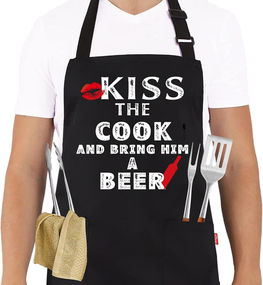 Grilling Apron - KISS THE COOK AND BRING HIM A BEER - Funny BBQ Aprons for Men Women Chef, Adjustable Kitchen Bib Apron with 2 Pockets and 40" Long Ties, Perfect for Cooking, Baking - Black