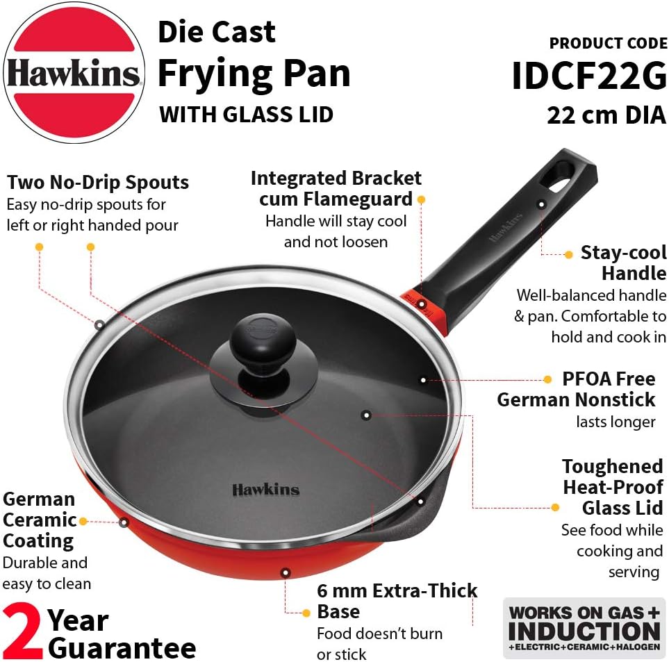 HAWKINS 24 cm Die Cast Induction Compatible Frying Pan with Glass Lid, Red (IDCF24G)