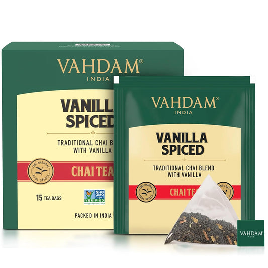 VAHDAM, Vanilla Chai Tea Bags (15 Count) High Caffeine, Non GMO, Gluten Free | Individually Wrapped, Full-bodied & Malty | No Artificial Flavor | Blended w/Vanilla, Cappuccino & Exotic Spices