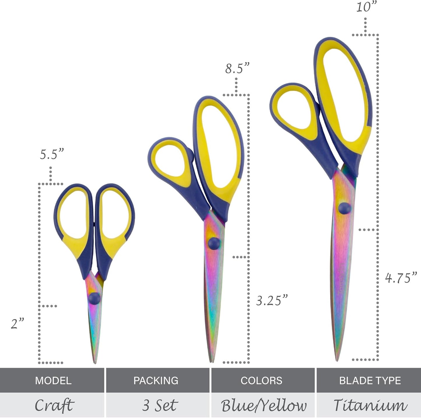 BambooMN Titanium Softgrip Scissors Set for Sewing, Arts, Crafts, Office - Blue w/Yellow - 3 Sets of 3