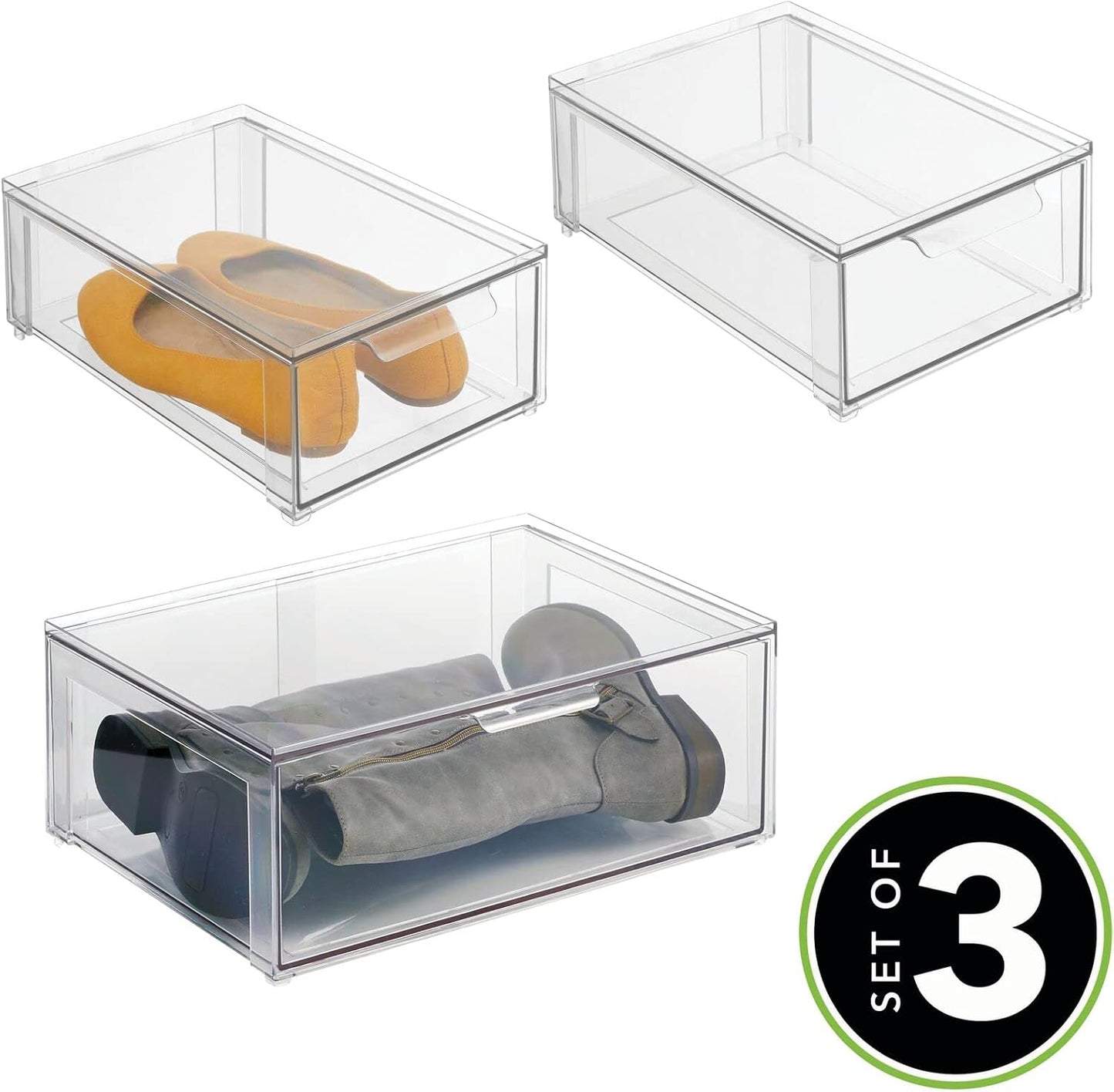 mDesign Plastic Stackable Closet Storage Organizer Bin Containers with Front Pull Drawer for Cabinet, Desk, Shelf, Cupboard, or Dresser Organization - Lumiere Collection - Set of 3 - Clear