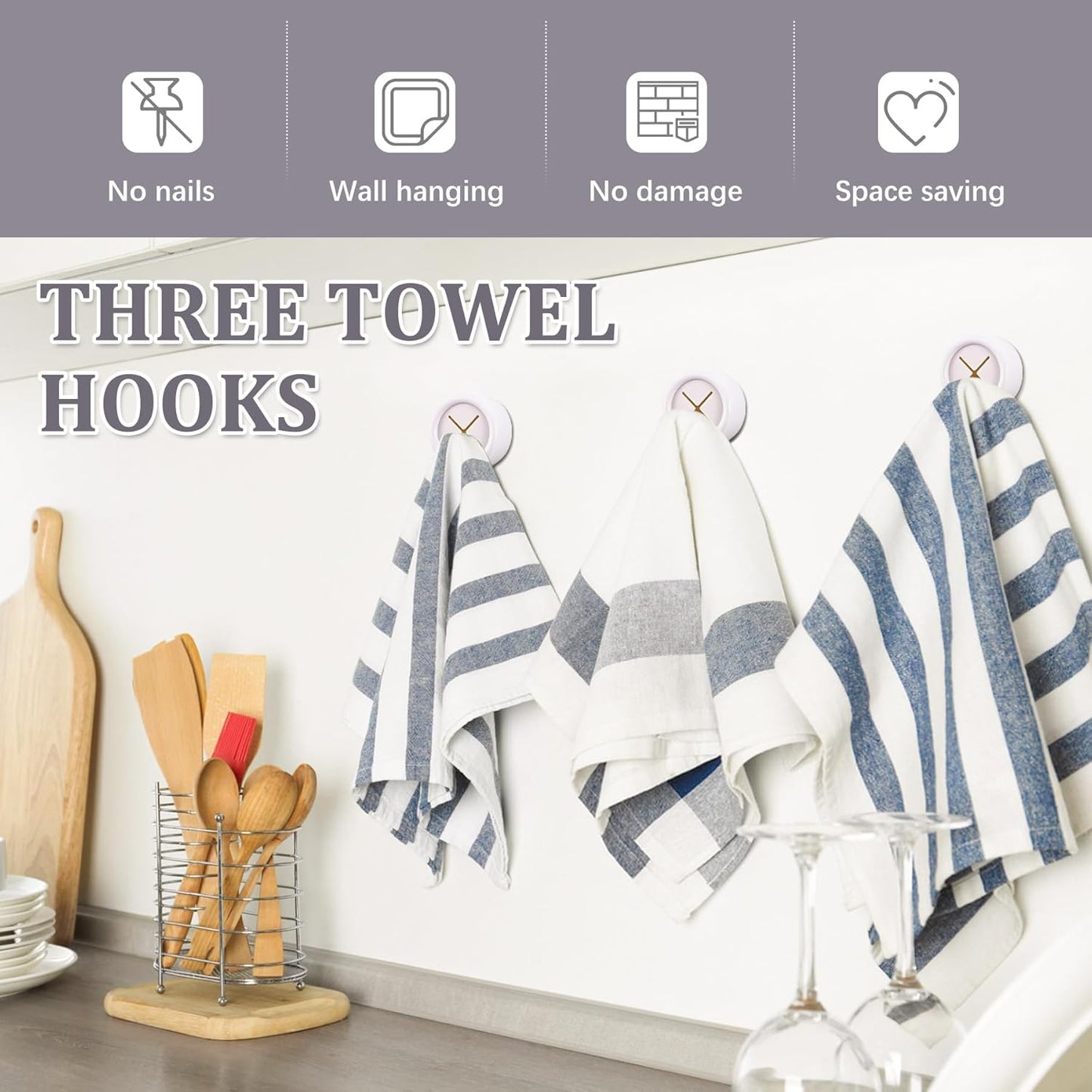 3 Pieces Kitchen Towel Hooks Round Adhesive Dish Towel Hook Premium Chrome Finish & Easy Installation Wall Mount Hand Towel Hook Ideal as Bathroom, Shower or Outdoor Towel Holders (White)