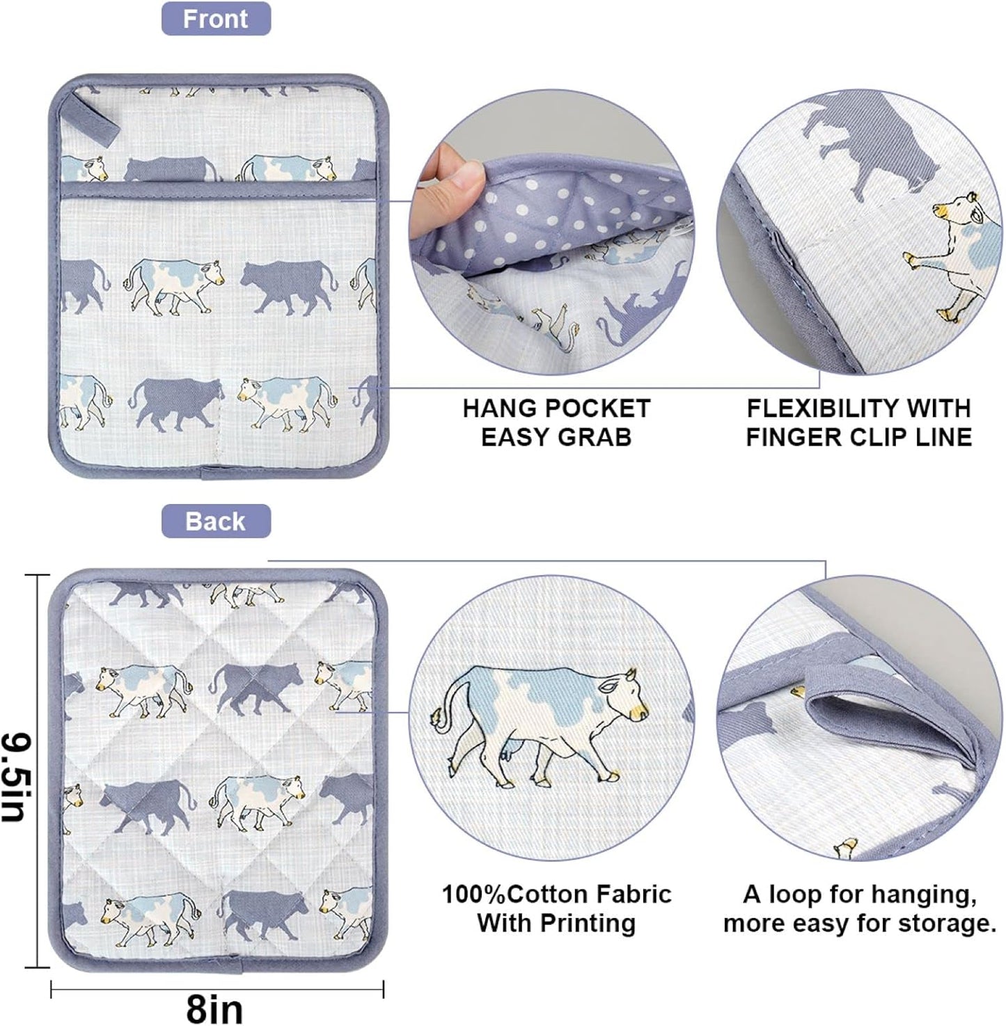 Pot Holders Set of 2 Heat Resistant 480℉ Kitchen 100% Cotton Comfortable Lining Printing Fox Flower Women Men Home Cooking Baking Microwave BBQ Gift (Cow potholder)