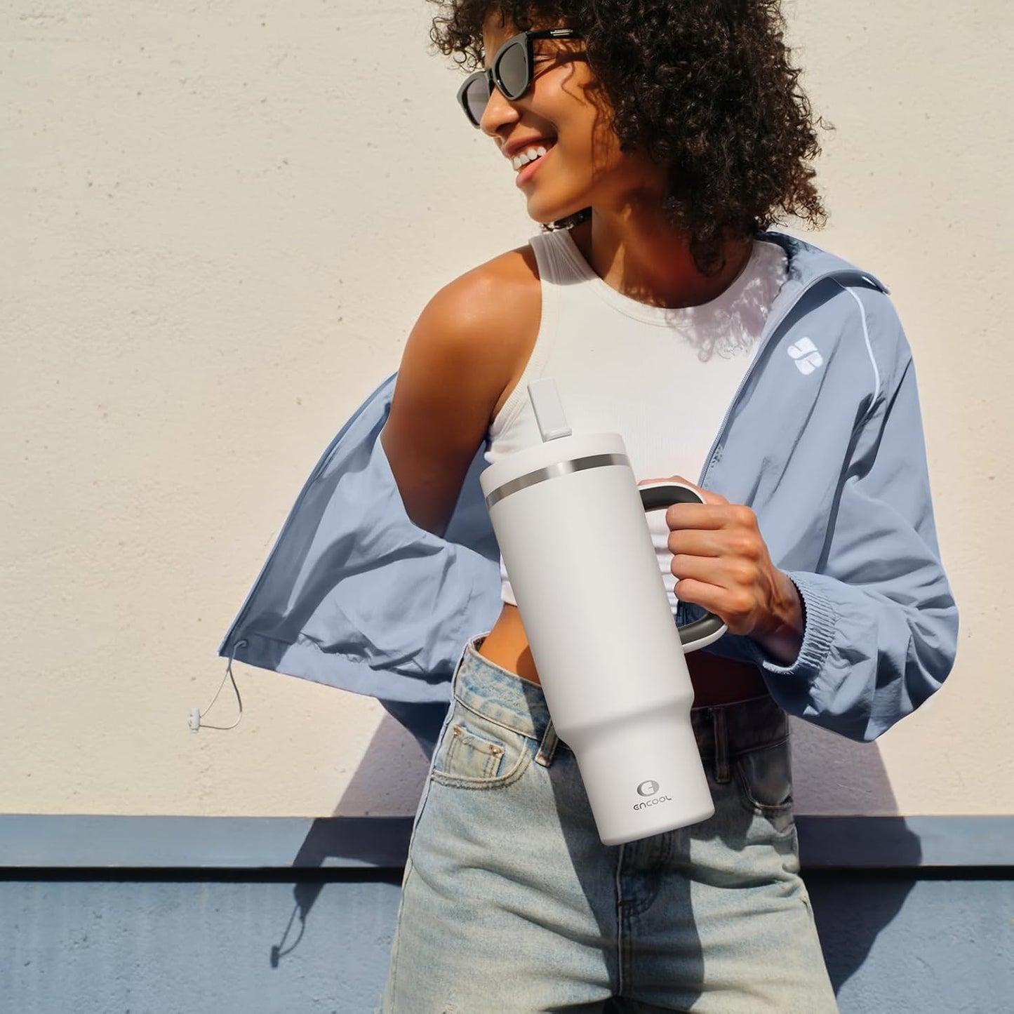 40 oz Tumbler with Handle and Straw: Stainless Steel Insulated Tumbler Keeps Cold for 24 Hours, Leakproof Travel Cup Fits in Cup Holder and BPA-Free, Polar White