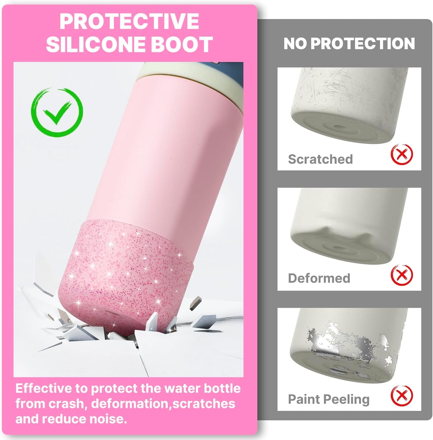 Silicone Boot for Owala 14/16 oz Water Bottle, Anti-Slip Protective Sleeve for Owala 12 oz Kids Tumbler, Boot Bottom Base fit Flip 14 oz Insulated Stainless-Steel Water Bottle (Glitter Pink)