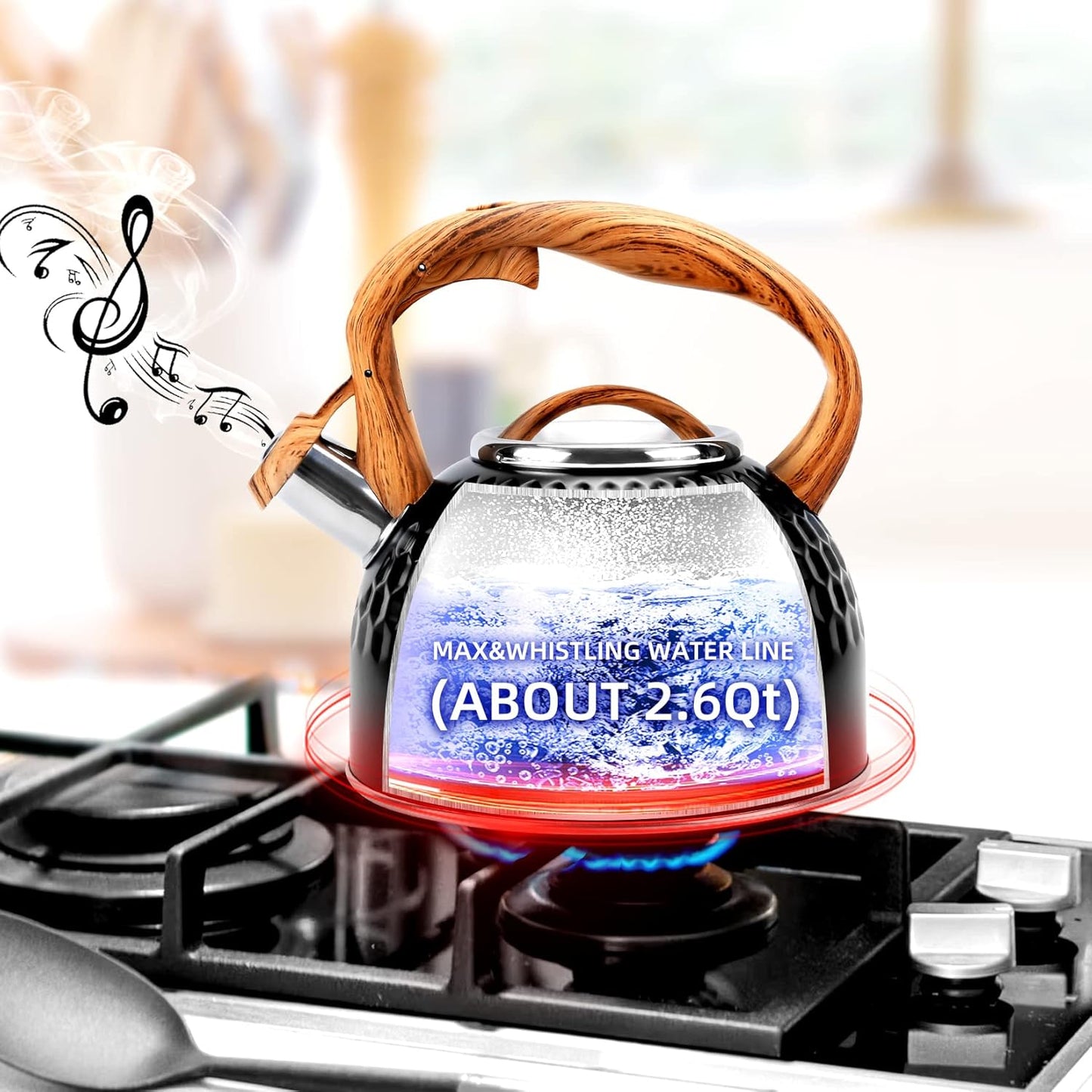 Whistling Teapot, 2.6 Qt 304 Food Grade Stainless Steel Tea Kettle with Heat-resistant Handle, Durable, not Rust，One-button Switch(BLack）