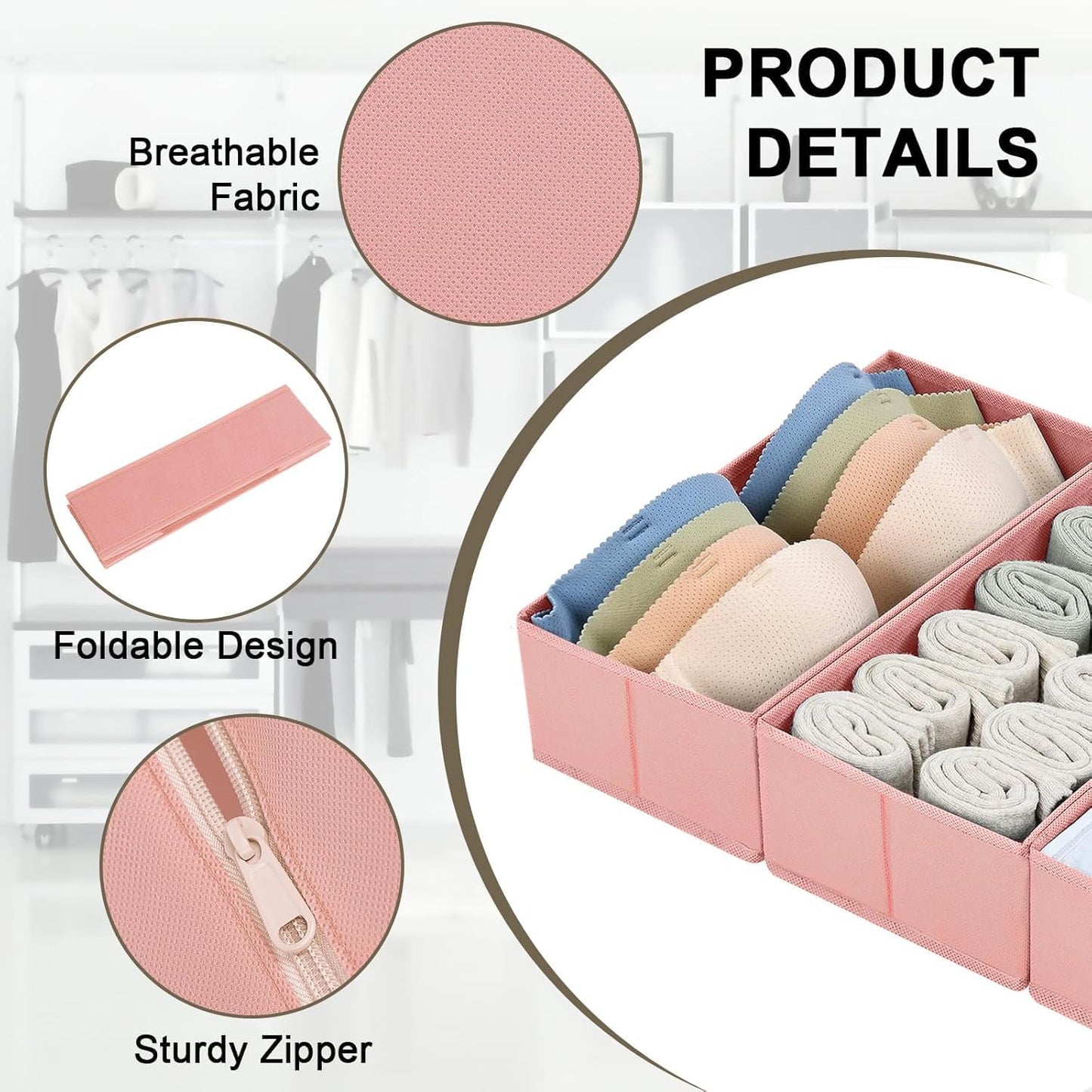 DIMJ Drawer Organizers for Clothing, Set of 8 Dresser Drawer Organizers, Fabric Closet Organizers and Storage, Drawer Dividers for Baby Clothes, Socks, Belt, Tie (Pink)