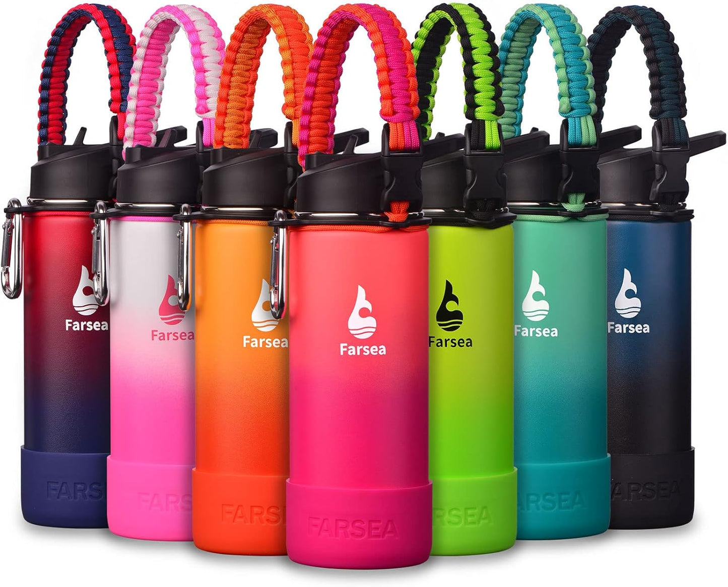 Farsea Insulated Water Bottle With Paracord Handle, Protective Silicone Boot and 2 Lids (Straw Lid & Spout Lid), Stainless Steel Water Bottle Wide Mouth, Double Wall Sweat-Proof BPA-Free, 18 oz