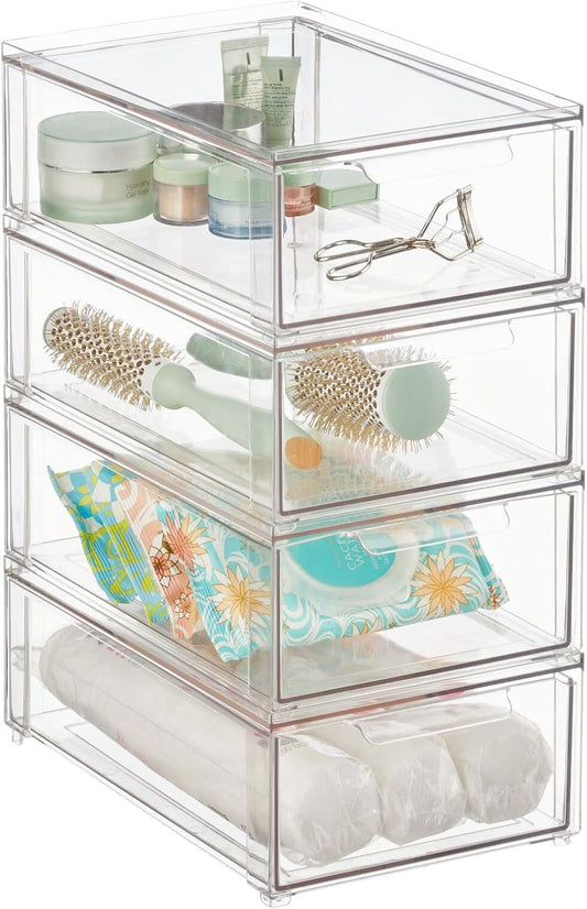 mDesign Plastic Stackable Bathroom Storage Organizer Bin with Pull Out Drawer for Cabinet, Vanity, Shelf, Cupboard, Cabinet, or Closet Organization - Lumiere Collection - 4 Pack - Clear