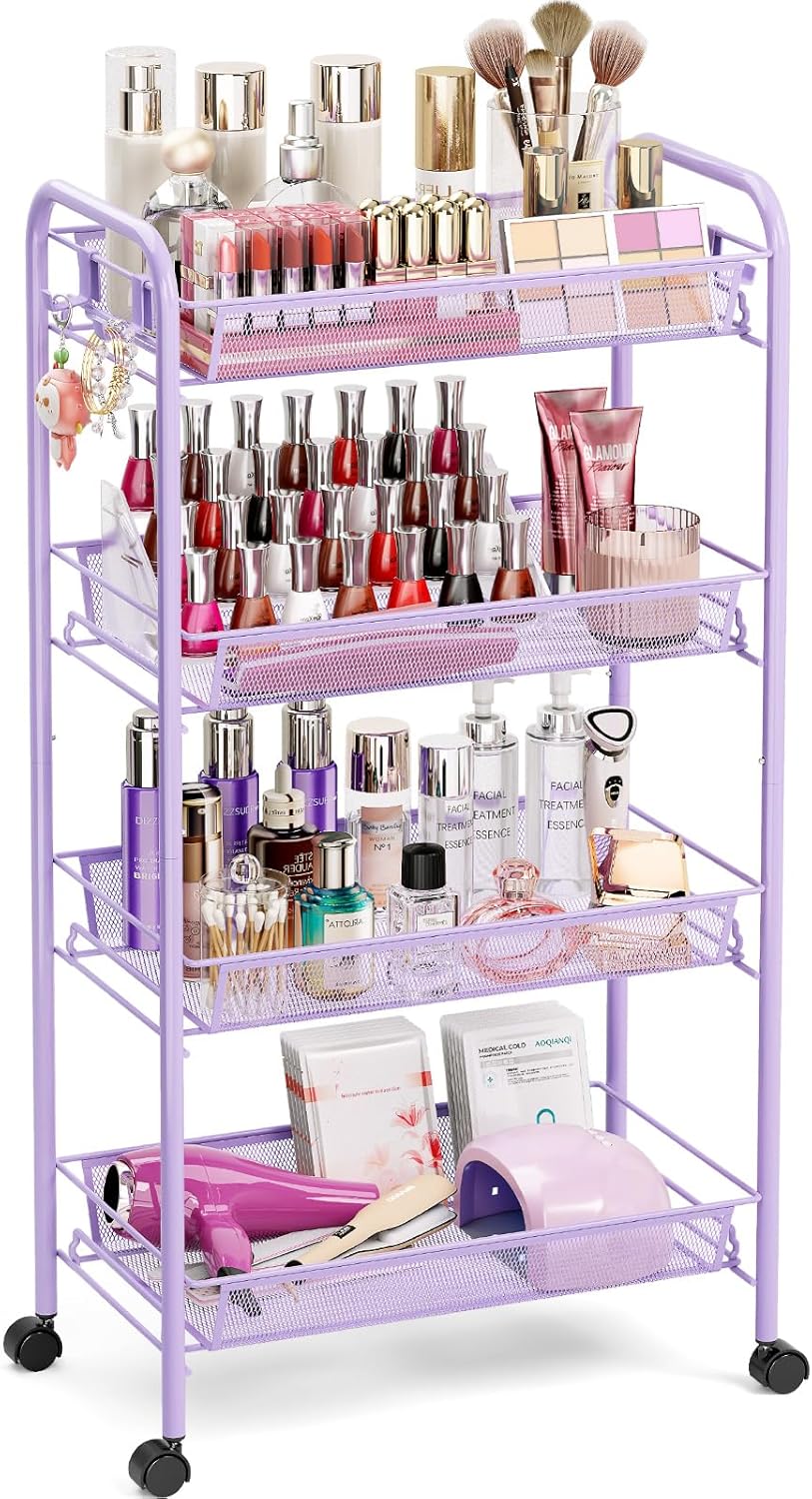 TOOLF 4-Tier Rolling Cart, Metal Utility Cart with 3 Hooks, Easy Assemble Mobile Storage Trolley On Wheels, Metal Shelving Units Kitchen Bathroom Laundry Room
