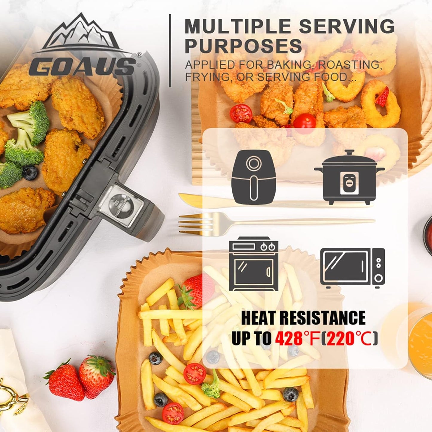 GOAUS Air Fryer 100 Pcs Square Paper Liners Disposable Extra Large for 8 Qt or Above Basket, 9 inch Unbleached Non-stick Parchment Paper