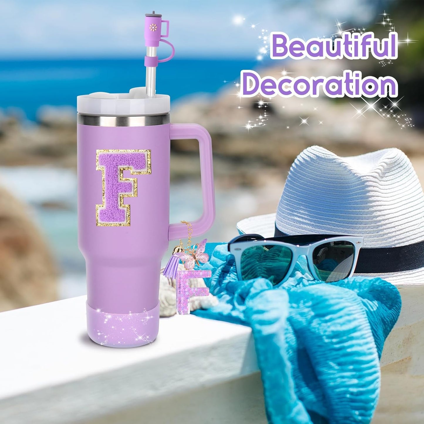 Mity rain 6PCS Cup Accessories Set for Stanley Cup 30oz 40oz tumbler with handle, Including Silicone Straw Topper Cover Cap and Boot, Spill Proof Stopper, Handle Charm, Initials Sticker (Letter F)