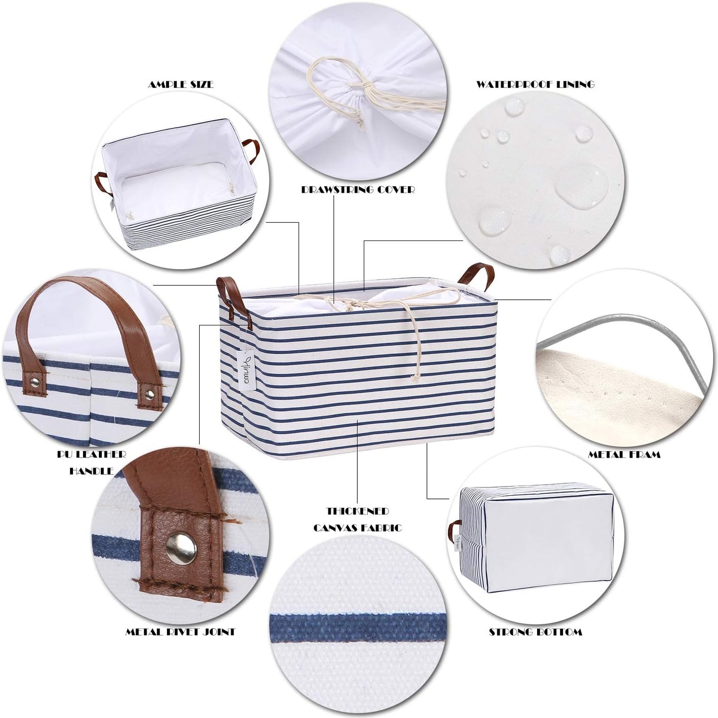 Hinwo 31L Large Storage Bins, Closet Organizers and Storage, Shelf Baskets, Foldable Clothes Storage Baskets with Handles, Containers for Clothing, Blanket, Towels, Toys, Bedding (Navy Stripe)