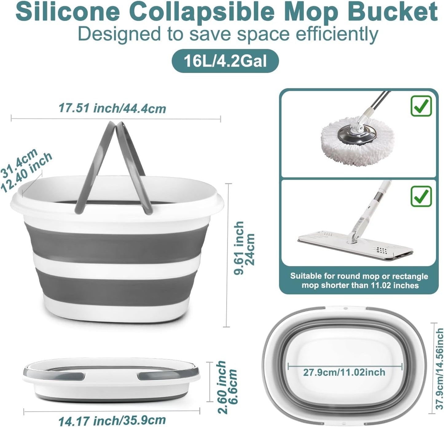 Collapsible Mop Bucket with Handle for Cleaning, 16L(4.2 Gallon) Silicone Square Mopping Bucket for Windows Cleaning or Car Washing, Cleaning Supplies Organizer Plastic Bucket for Storage, 2 Pack