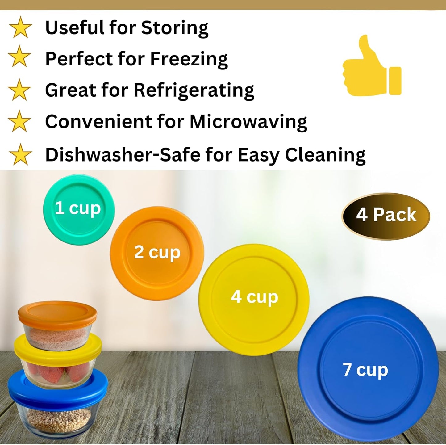 1, 2, 4 & 7 Cup Green, Orange, Yellow, Blue Replacement Lids/Covers for Pyrex, Anchor Hocking & KlareWare Storage Bowls *Lids Only Glass Container Not Included* (4 Pack *One of Each Size*)