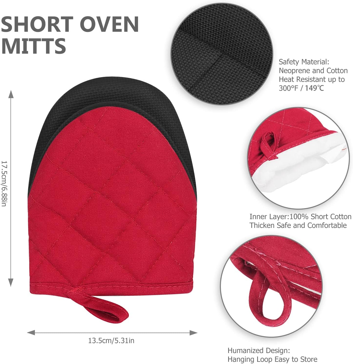 1 Pair Short Oven Mitts, Heat Resistant Silicone Kitchen Mini Oven Mitts for 500 Degrees, Non-Slip Grip Surfaces and Hanging Loop Gloves, Baking Grilling Barbecue Microwave Machine Washable