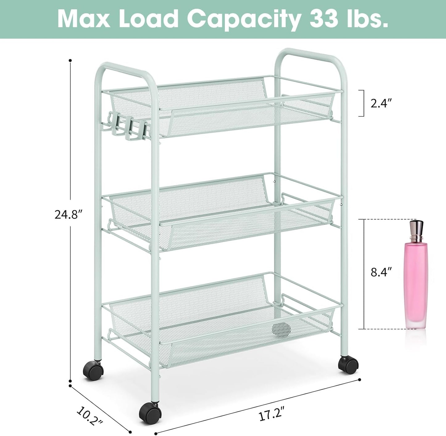 TOOLF 3-Tier Metal Rolling Cart, Mesh Wire Easy Assemble Utility Cart, Storage Trolley on Wheels with 3 Hooks, MetalStorage Shelving Units for Kitchen Bathroom Laundry Room