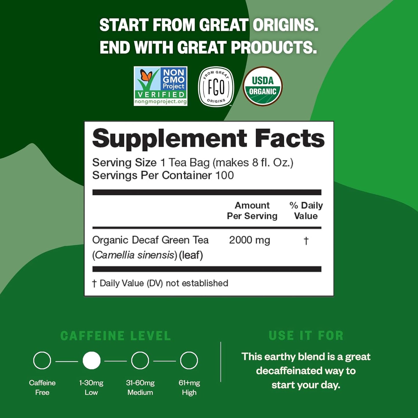 FGO Organic Green Decaf Tea, 100 Count, Eco-Conscious Tea Bags, Resealable Bag, Caffeine Free, Packaging May Vary (Pack of 1)