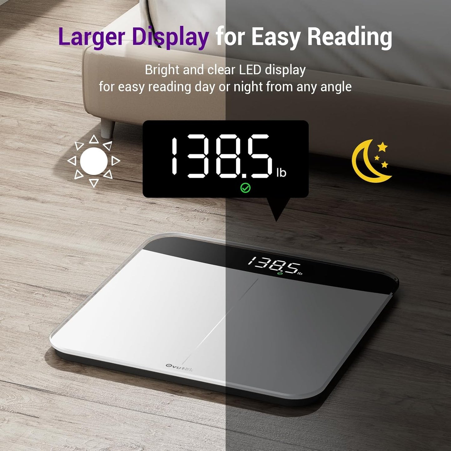 Ovutek Scale for Body Weight, Highly Accurate 450lb Digital Bathroom Scales for People, Automatic Weighing Machine for Baby, Pet, Light Items, Large LED, Sturdy and Durable Base, White