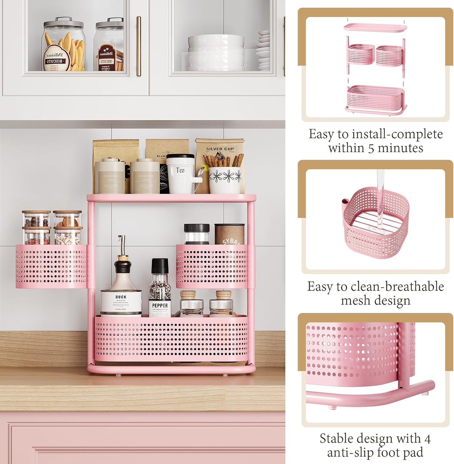 KINGRACK 3 Tier Bathroom Organizer Countertop, Multi-Purpose Makeup Organizer, Rotating Desktop Skincare Organizer, Vanity Tray Standing Rack for Bathroom, Pink