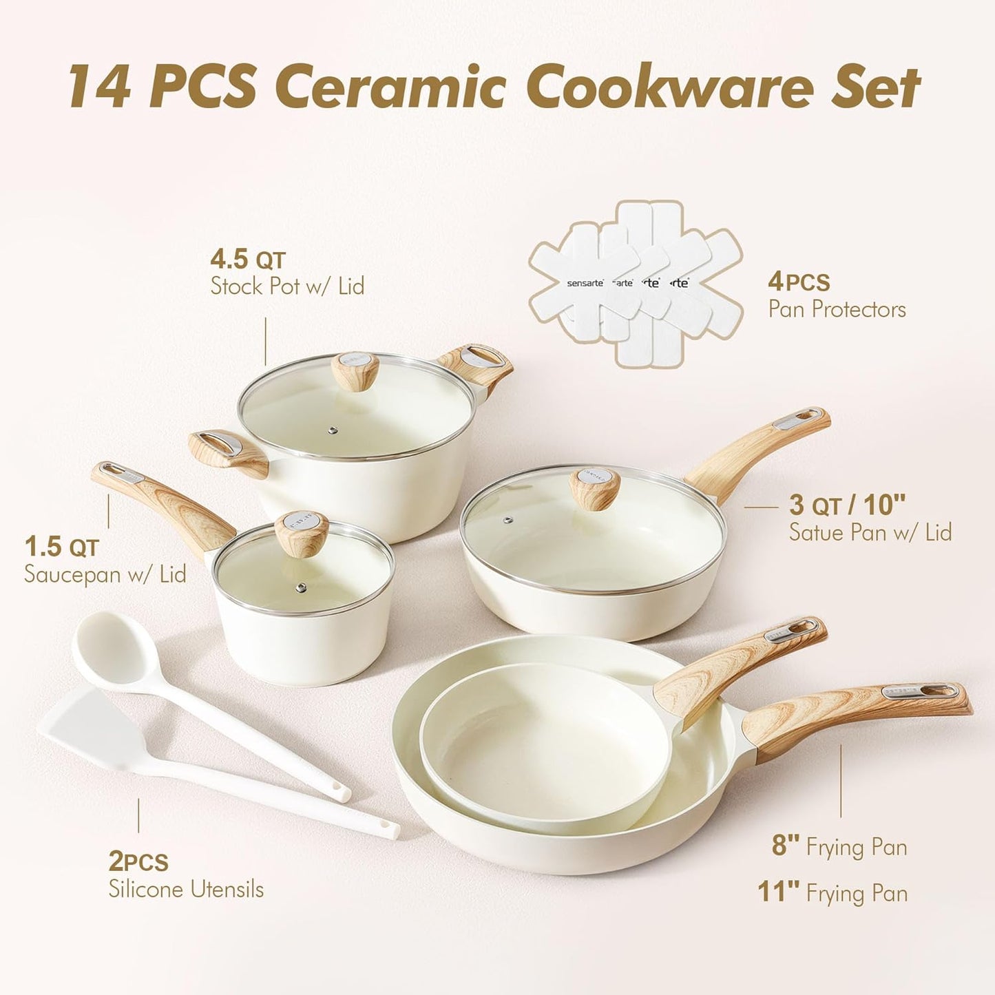 SENSARTE Ceramic Cookware Sets, Pots and Pans Set Non stick, 14-Piece Induction Cookware, Non toxic Healthy Non Stick Kitchen Cooking Set, with Frying Pans Set, PFAS PTFE PFOA PFOS Free