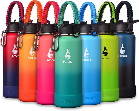 Farsea Insulated Water Bottle With Paracord Handle, Protective Silicone Boot and 2 Lids (Straw Lid & Spout Lid), Stainless Steel Water Bottle Wide Mouth, Double Wall Sweat-Proof BPA-Free, 40 oz