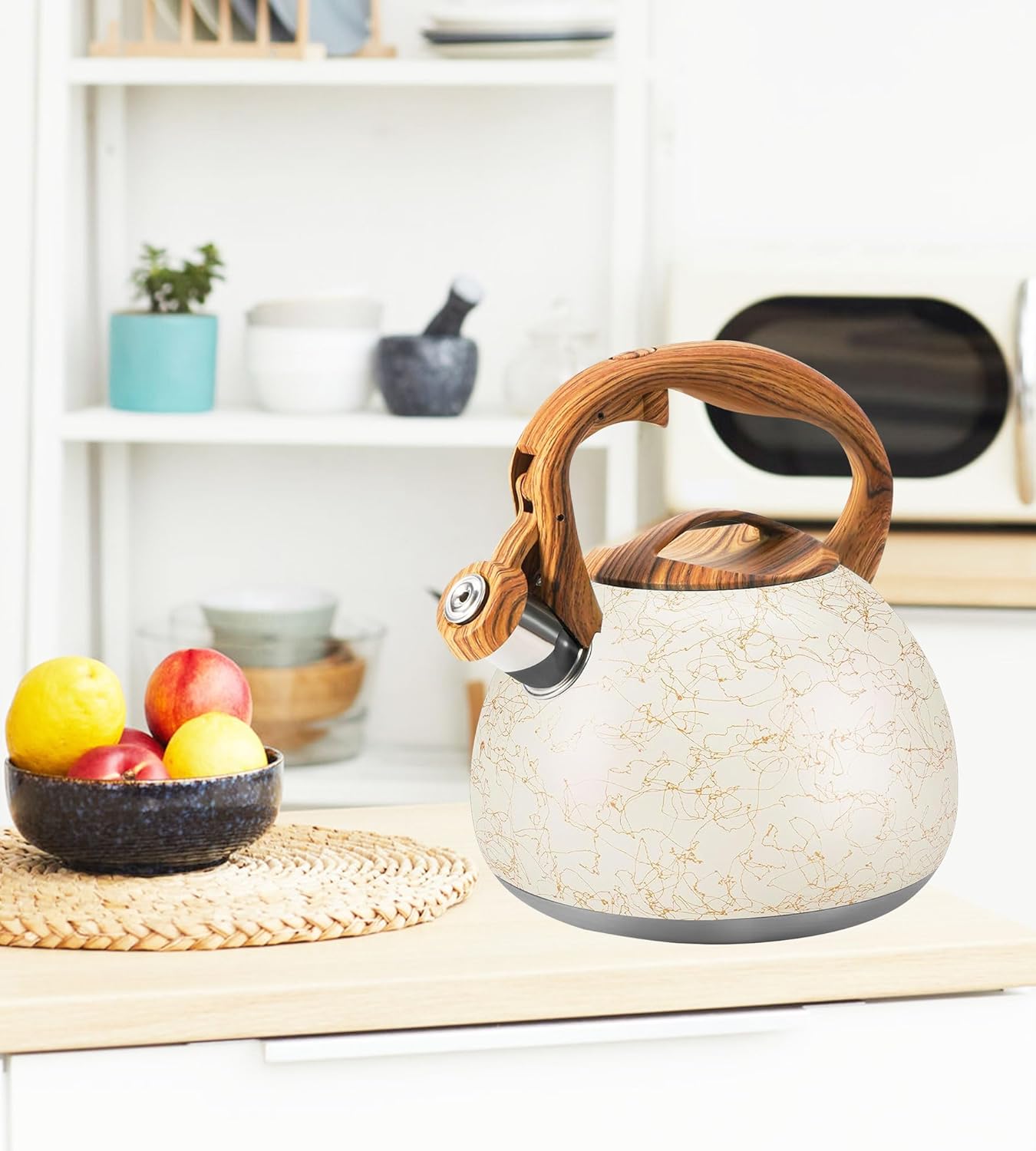 3.2 Quart Whistling Tea Kettle Stovetop, Stainless Steel Tea pot with Wood Grain Handle, Loud Whistle Kettle for Boiling Water, Coffee & Milk, Easy-Pour Spout Classic Design (Off-white)