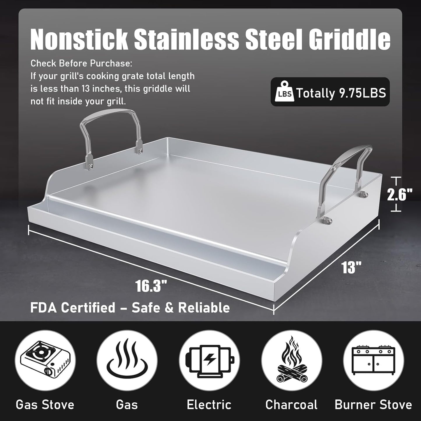 Nonstick Stainless Steel Griddle for Gas Grill Nanoceramic Griddle for Gas Top Stove 17" x 13" Flat Top Plate Cooking Skillet Pan Teppanyaki for Camping Outdoor Tailgating Plancha Para Cocinar