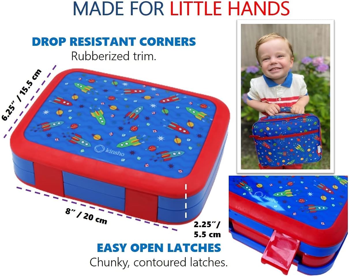 kinsho Bento Lunch Box, Water Bottle, Ice Pack Set for Kids Toddlers, 5 Portion Sections, Removable Plastic Tray, Pre-School Kid Toddler Daycare Lunches, Snack Container, Blue Space Rocket