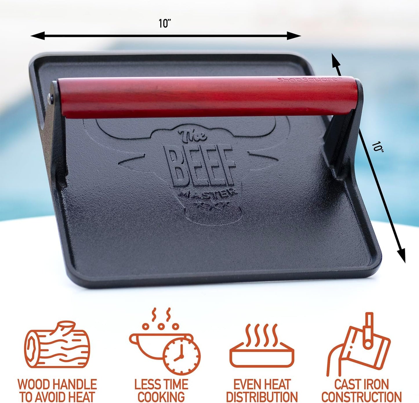 The Beef Master Cast Iron Grill Press - XL Burger Press, Pre-Seasoned Griddle Press, Heavy Duty Meat Press for Bacon, Burgers, and Steak with Cool Touch Handle - 10”x10”x4”