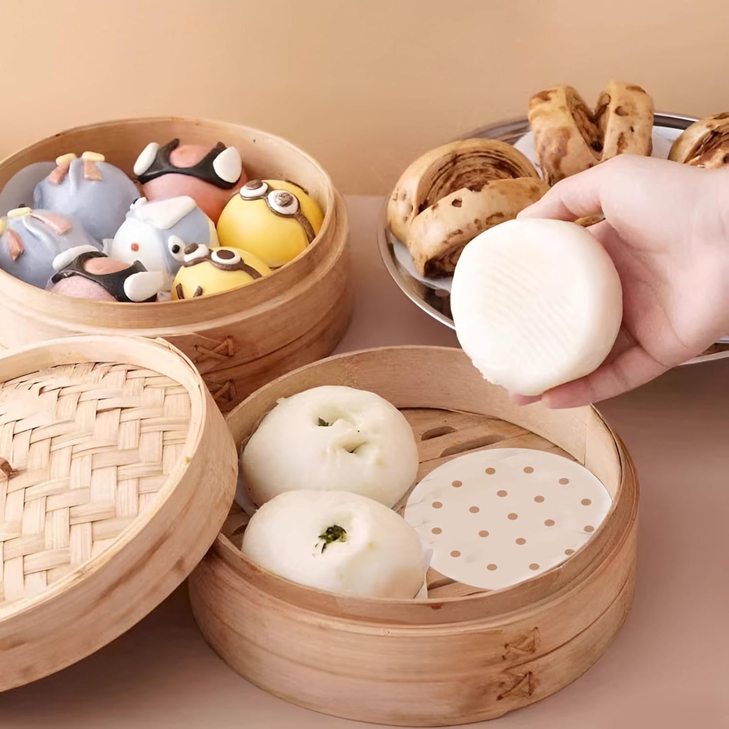 400pcs Air Fryer Liners, 4 inches Bamboo Steamer Liners, Premium Perforated Parchment Steaming Papers, Non-stick Steamer Mat Liner for Air Fryers Baking Cooking Oven