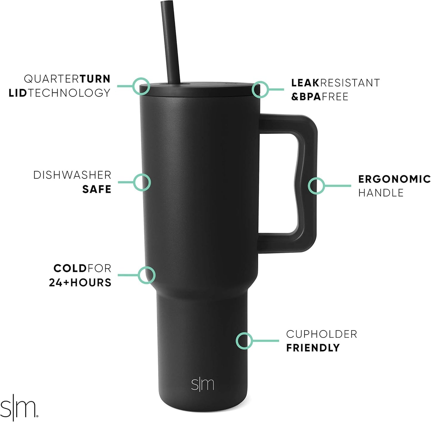 Simple Modern 40 oz Trek Tumbler with Handle and Straw Lid | Cup Holder Friendly Insulated Stainless Steel Travel Mug | Midnight Black (Pack of 12)