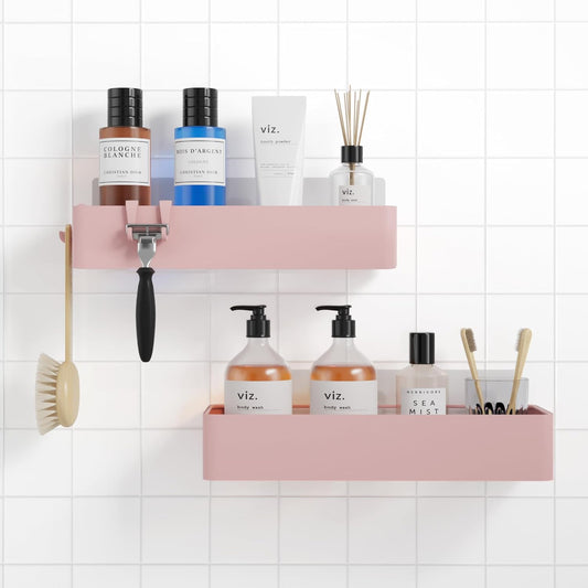 Kitsure Shower Caddy - 2 Pack Adhesive Shower Organizer, Rustproof Metal Shelves, No-Drill Bathroom Organizers and Storage, Pink, Large