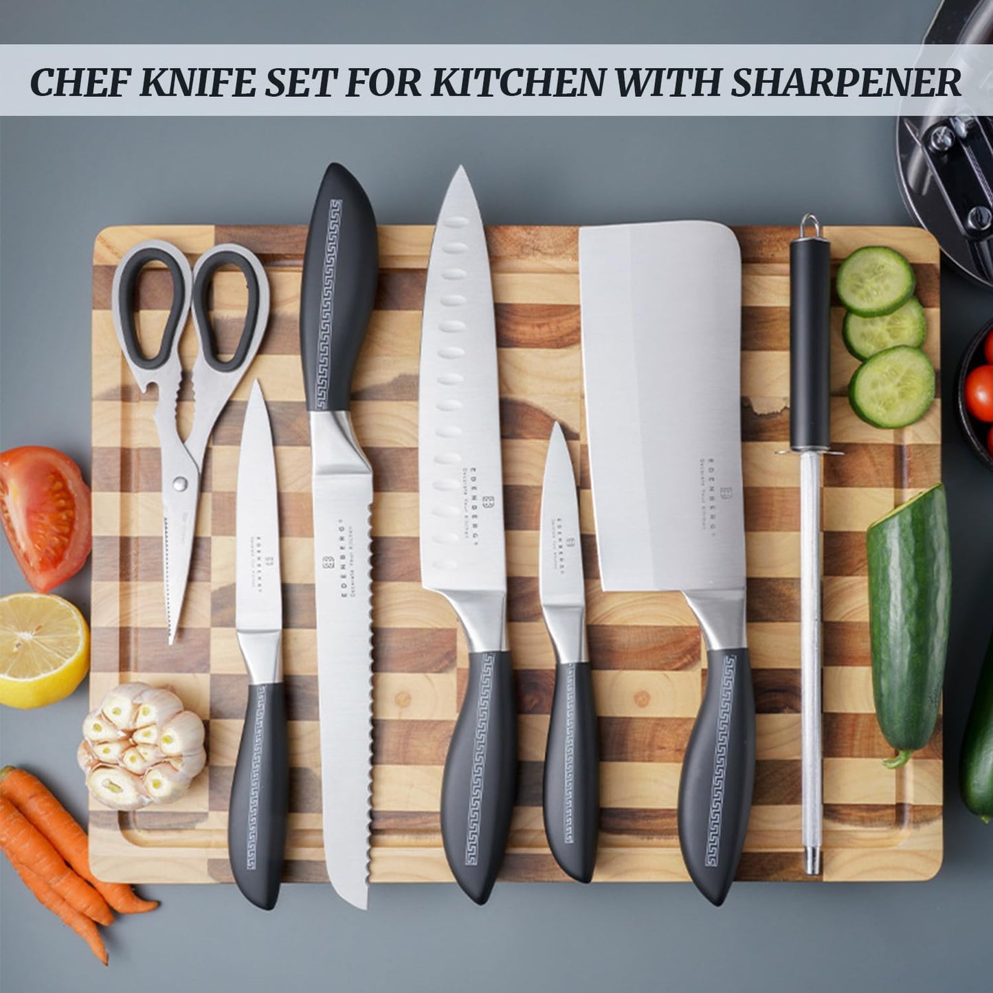 Kitchen Knife Set, Retrosohoo 8-Piece Grey Sharp Non-Stick Coated Chef Knives Block Set,Stainless Steel Knife Set for Kitchen with Sharpener for Cutting Slicing Dicing Chopping (Grey)