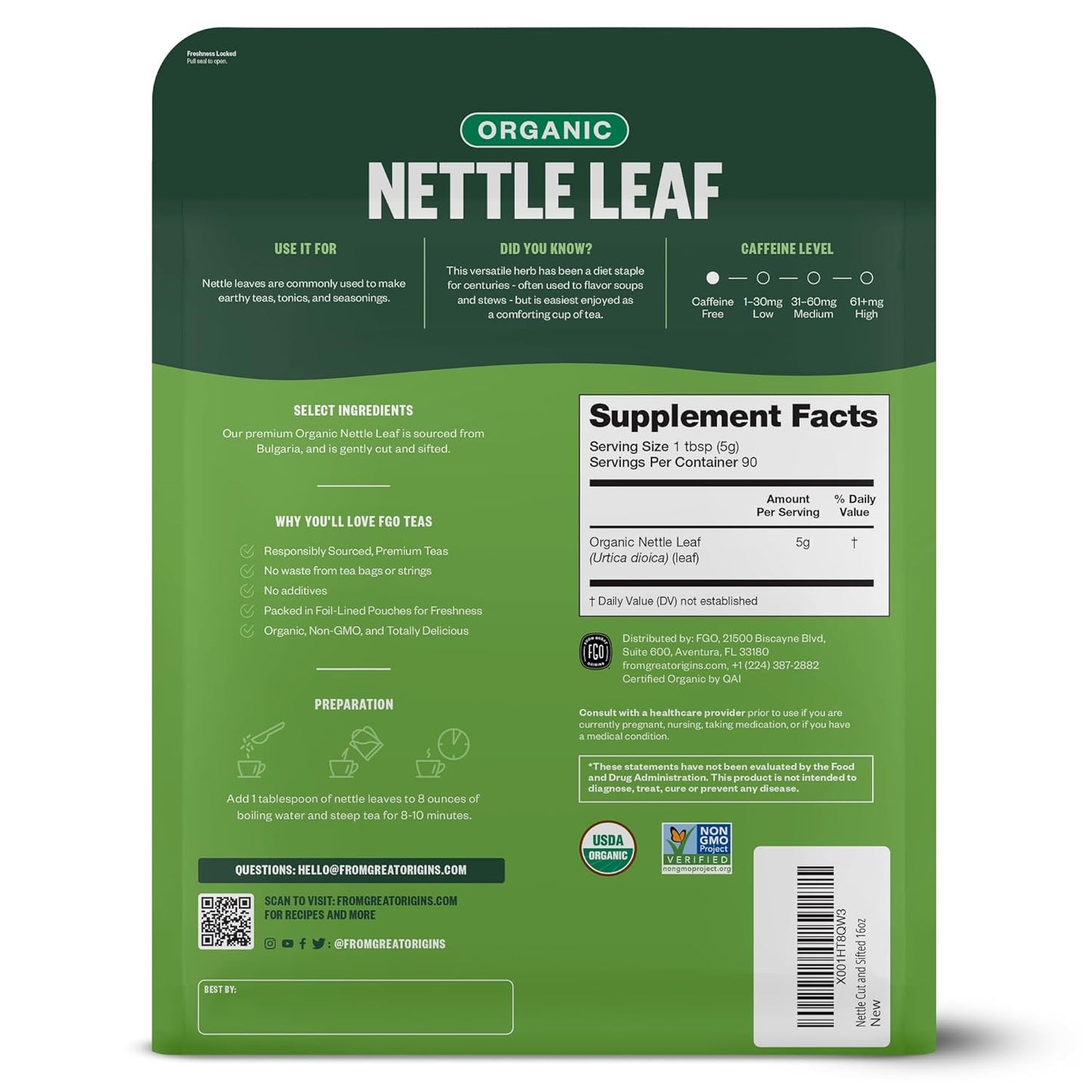FGO Organic Nettle Leaf Loose Tea, Cut and Sifted, Caffeine Free, 16oz Bulk Resealable Bag, Packaging May Vary (Pack of 1)