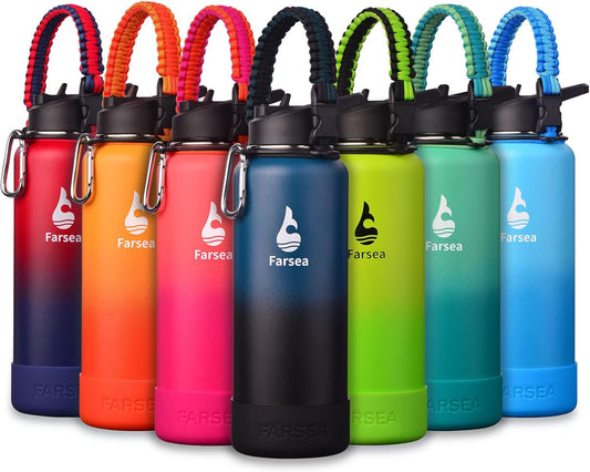 Farsea Insulated Water Bottle With Paracord Handle, Protective Silicone Boot and 2 Lids (Straw Lid & Spout Lid), Stainless Steel Water Bottle Wide Mouth, Double Wall Sweat-Proof BPA-Free, 40 oz